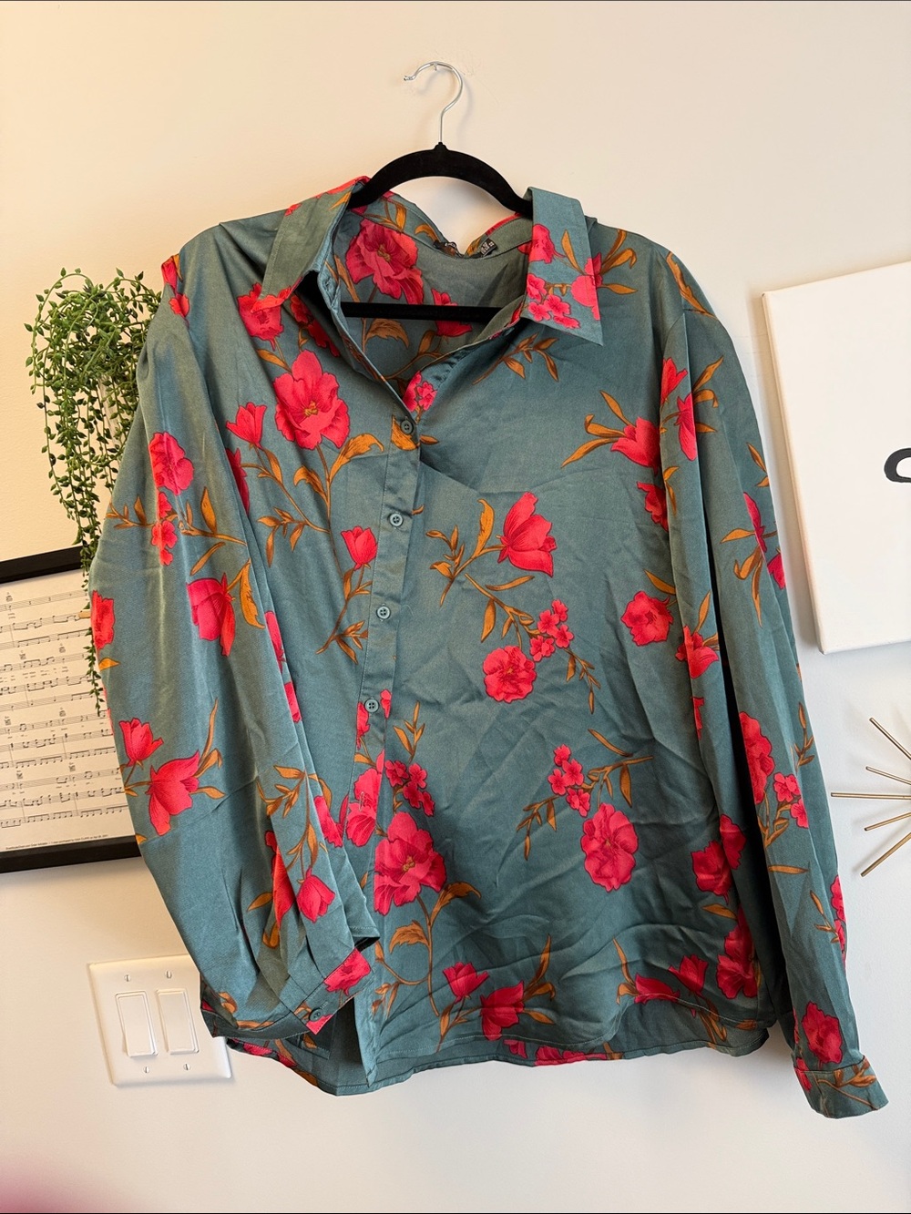 Boohoo Teal Button-Down Shirt with Pink Floral Print